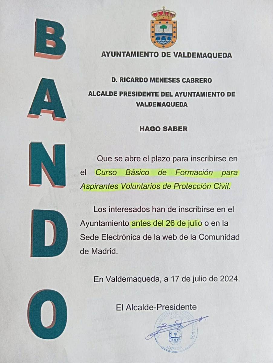 Bando: Abierto plazo de inscripción "Curso básico de formación para aspirantes voluntarios de Protección Civil"